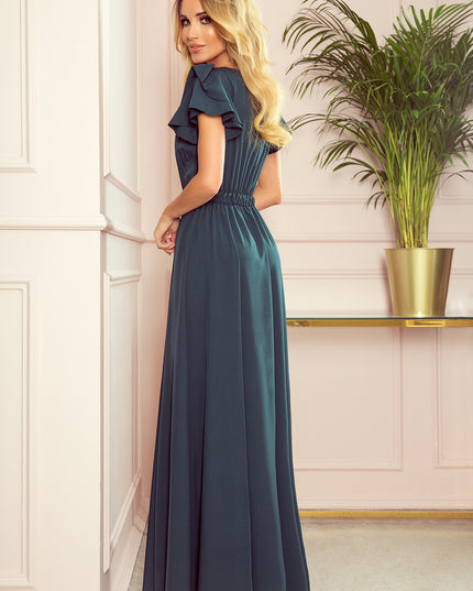 14261-2-310-1 LIDIA langes Kleid mit Ausschnitt und Rüschen - Grün-2