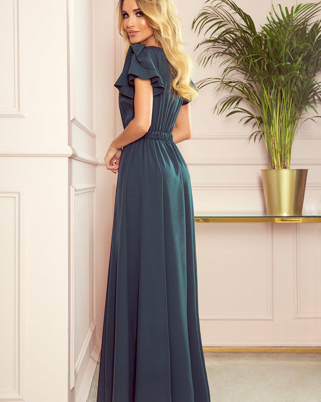 14261-2-310-1 LIDIA langes Kleid mit Ausschnitt und Rüschen - Grün-2