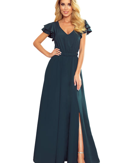 14261-6-310-1 LIDIA langes Kleid mit Ausschnitt und Rüschen - Grün-6