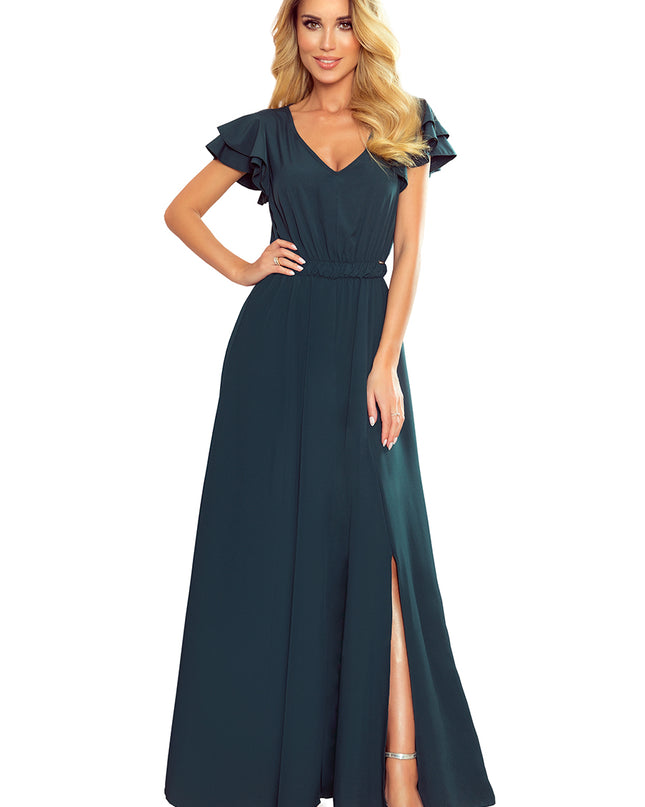 14261-6-310-1 LIDIA langes Kleid mit Ausschnitt und Rüschen - Grün-6