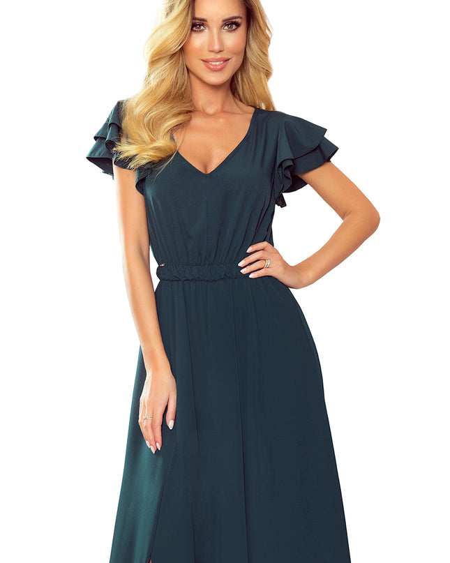 14261-7-310-1 LIDIA langes Kleid mit Ausschnitt und Rüschen - Grün-7