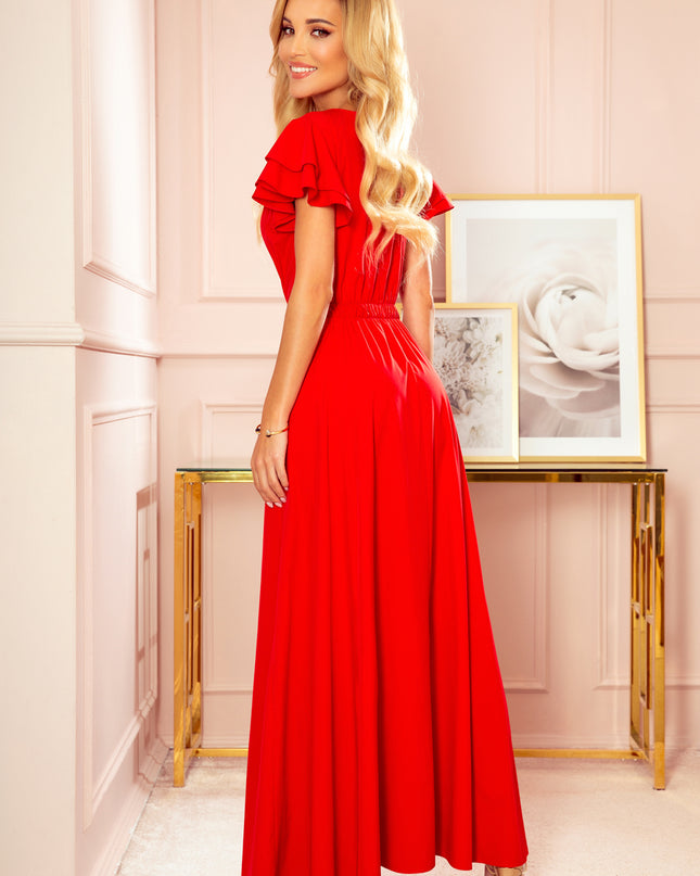 14788-3-310-2 LIDIA langes Kleid mit Ausschnitt und Rüschen - rot-3