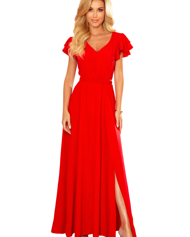14788-6-310-2 LIDIA langes Kleid mit Ausschnitt und Rüschen - rot-6