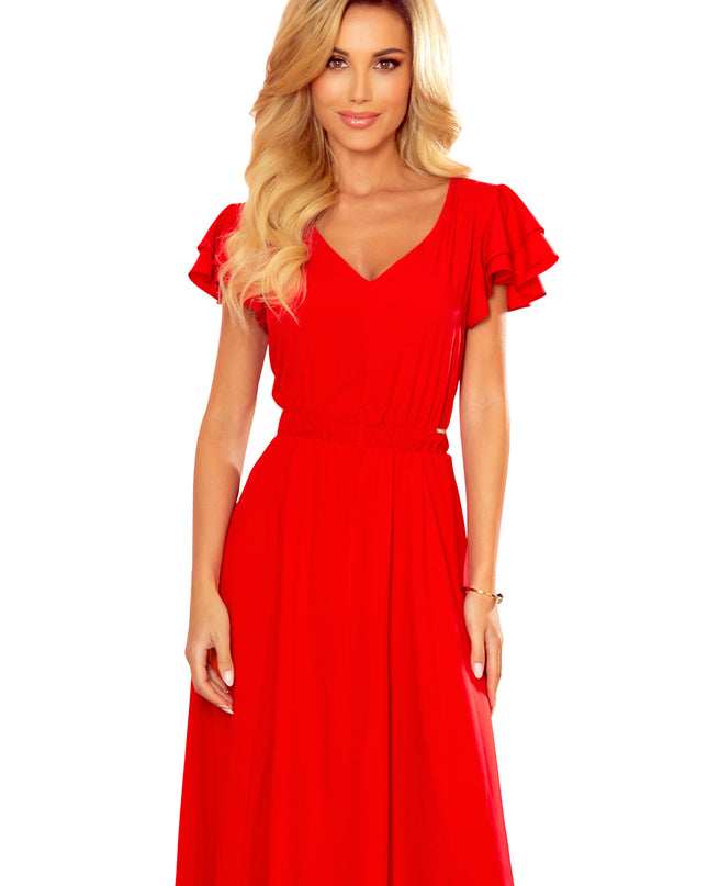 14788-7-310-2 LIDIA langes Kleid mit Ausschnitt und Rüschen - rot-7