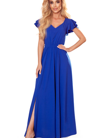 16400-6-310-3 LIDIA langes Kleid mit Ausschnitt und Rüschen - Blau-6