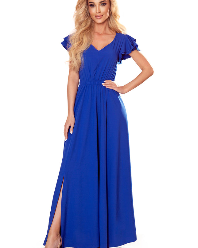 16400-6-310-3 LIDIA langes Kleid mit Ausschnitt und Rüschen - Blau-6