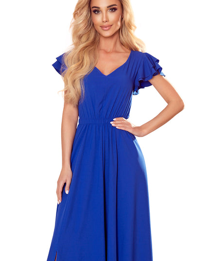 16400-7-310-3 LIDIA langes Kleid mit Ausschnitt und Rüschen - Blau-7