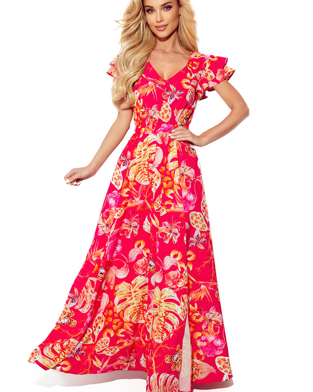 16346-6-310-4 LIDIA langes Kleid mit Ausschnitt und Rüschen - rosa mit Blumen-6