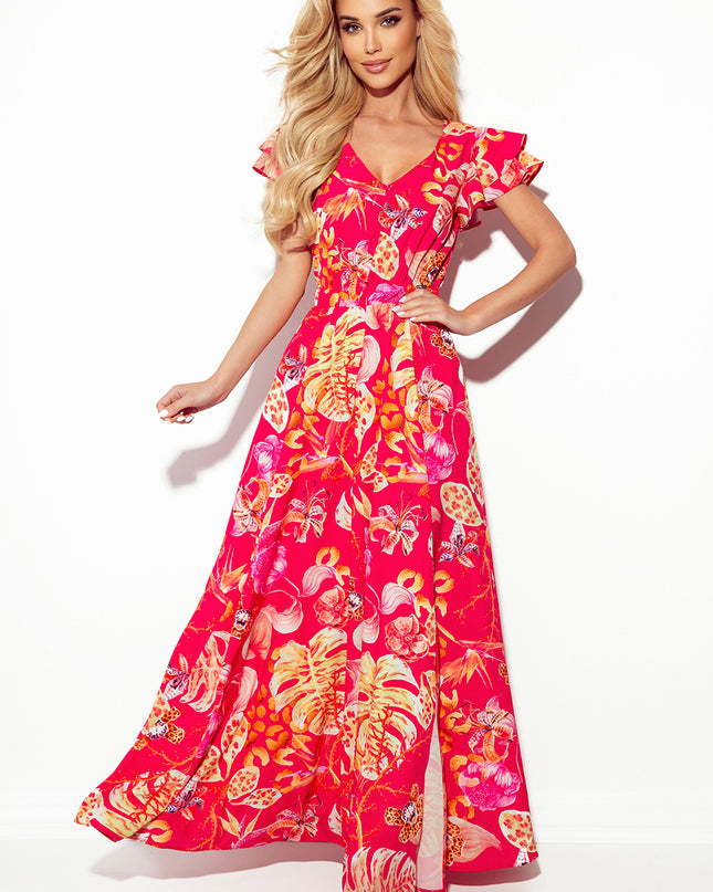 16346-1-310-4 LIDIA langes Kleid mit Ausschnitt und Rüschen - rosa mit Blumen-1