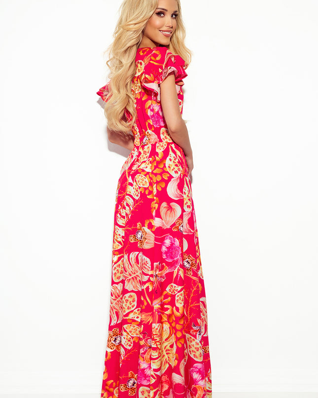 16346-2-310-4 LIDIA langes Kleid mit Ausschnitt und Rüschen - rosa mit Blumen-2
