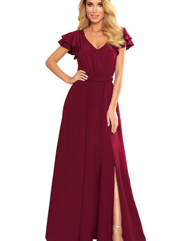 16953-6-310-5 LIDIA langes Kleid mit Ausschnitt und Rüschen - Burgunderfarbe-6