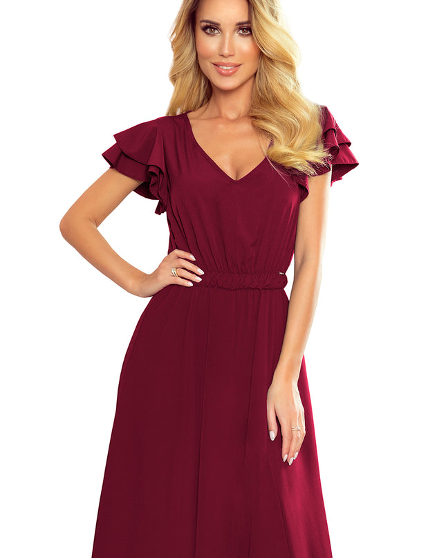 16953-7-310-5 LIDIA langes Kleid mit Ausschnitt und Rüschen - Burgunderfarbe-7