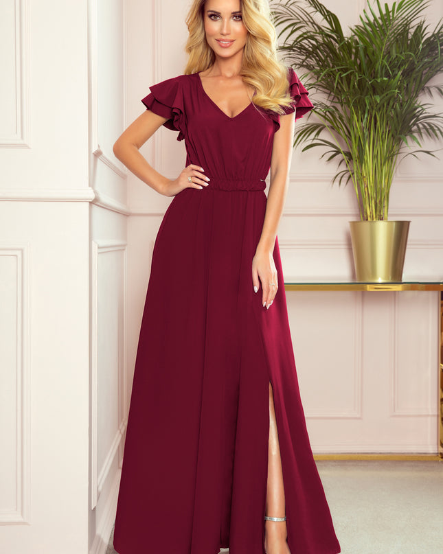 16953-1-310-5 LIDIA langes Kleid mit Ausschnitt und Rüschen - Burgunderfarbe-1