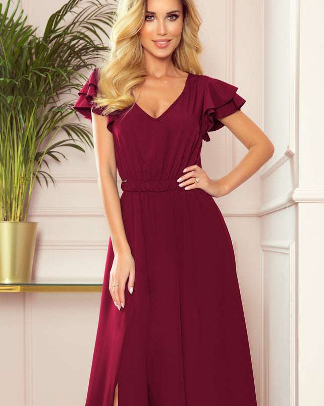 16953-3-310-5 LIDIA langes Kleid mit Ausschnitt und Rüschen - Burgunderfarbe-3