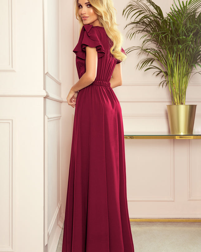 16953-2-310-5 LIDIA langes Kleid mit Ausschnitt und Rüschen - Burgunderfarbe-2