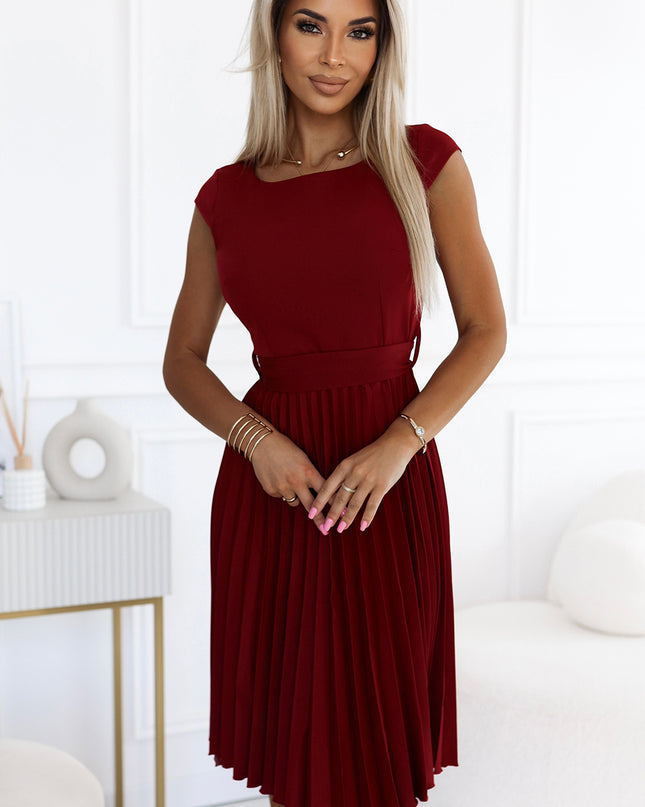 19579-1-311-15 LILA Plissee-Kleid mit kurzen Ärmeln - Farbe Burgund-1