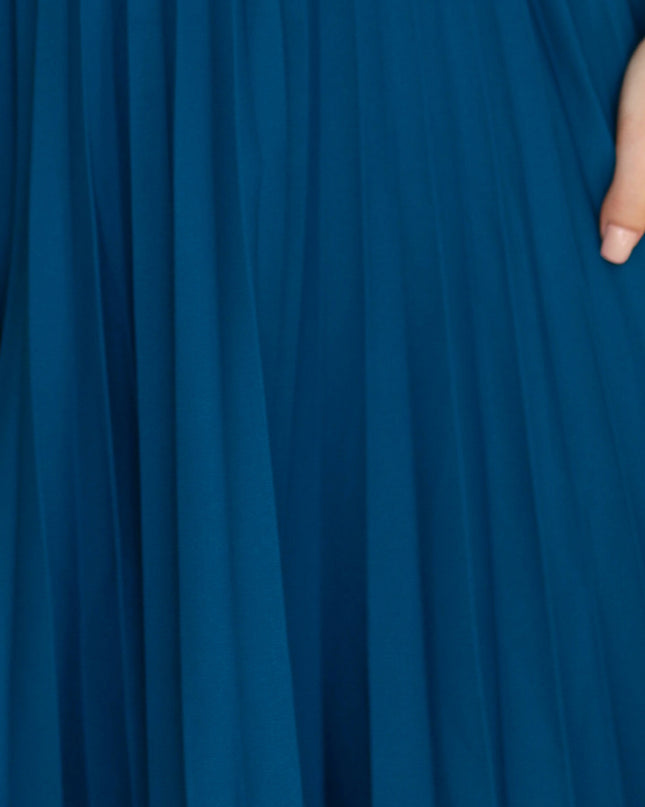 19958-5-LILA Klassisches Plisseekleid mit kurzen Ärmeln und Gürtel - Meeresfarbe-5