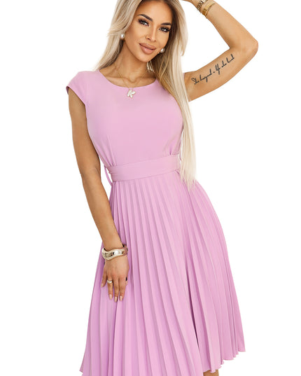 19965-7-LILA Klassisches Plisseekleid mit kurzen Ärmeln und Gürtel - meliert-7