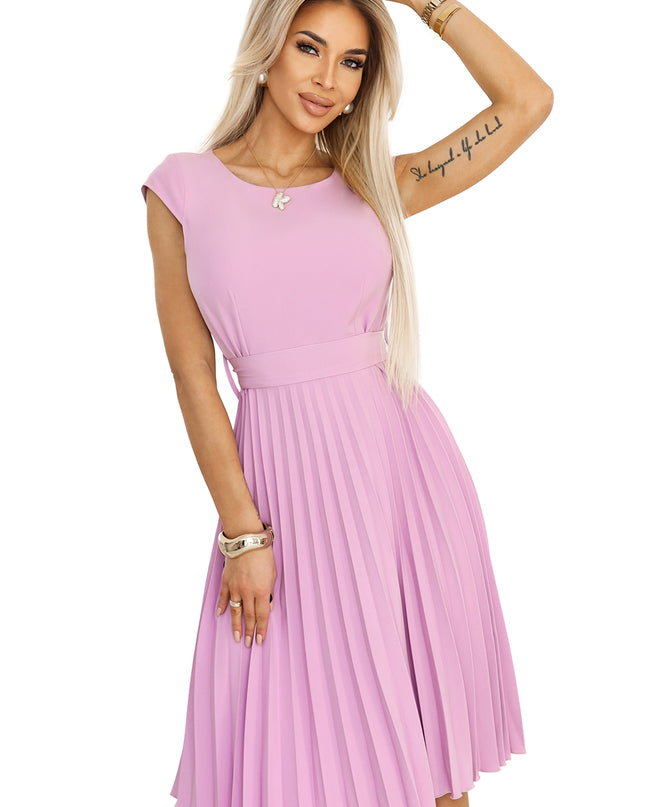19965-7-LILA Klassisches Plisseekleid mit kurzen Ärmeln und Gürtel - meliert-7