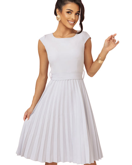 20584-8-LILA Plissiertes Kleid mit kurzen Ärmeln und Gürtel - grau-8