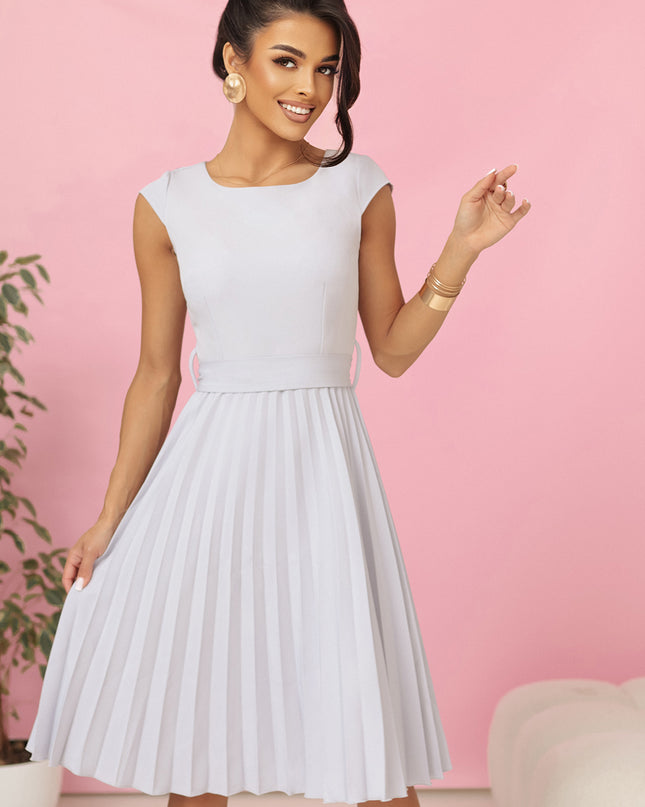 20584-1-LILA Plissiertes Kleid mit kurzen Ärmeln und Gürtel - grau-1