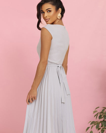 20584-5-LILA Plissiertes Kleid mit kurzen Ärmeln und Gürtel - grau-5