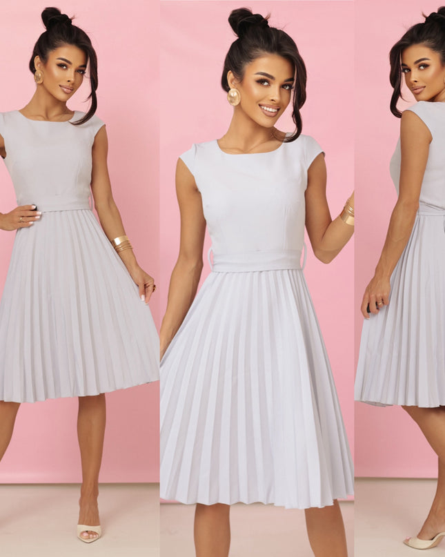 20584-9-LILA Plissiertes Kleid mit kurzen Ärmeln und Gürtel - grau-9