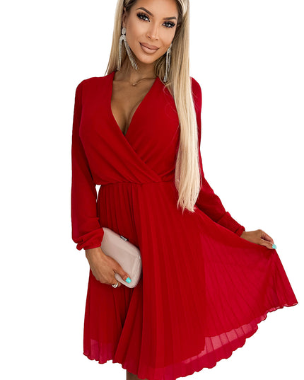 18448-6-313-13 ISABELLE Plissiertes Kleid mit langen Ärmeln und Umschlagausschnitt – rot-6