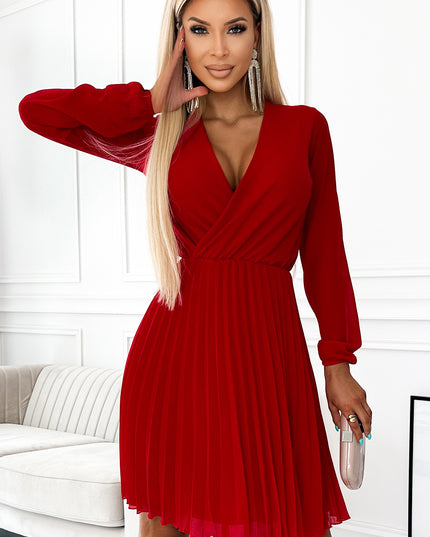 18448-4-313-13 ISABELLE Plissiertes Kleid mit langen Ärmeln und Umschlagausschnitt – rot-4