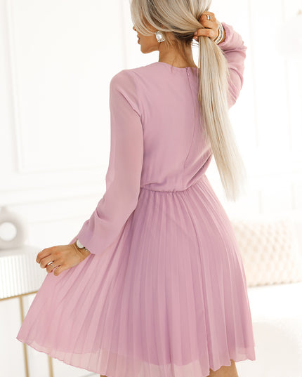 19944-3-ISABELLE Polnisches Plisseekleid mit langen Ärmeln und Ausschnitt - puderrosa-3