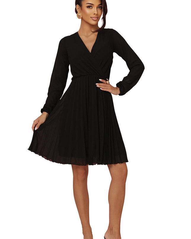 20590-12-ISABELLE Polnisches Plisseekleid mit langen Ärmeln und Ausschnitt - Schwarz-12
