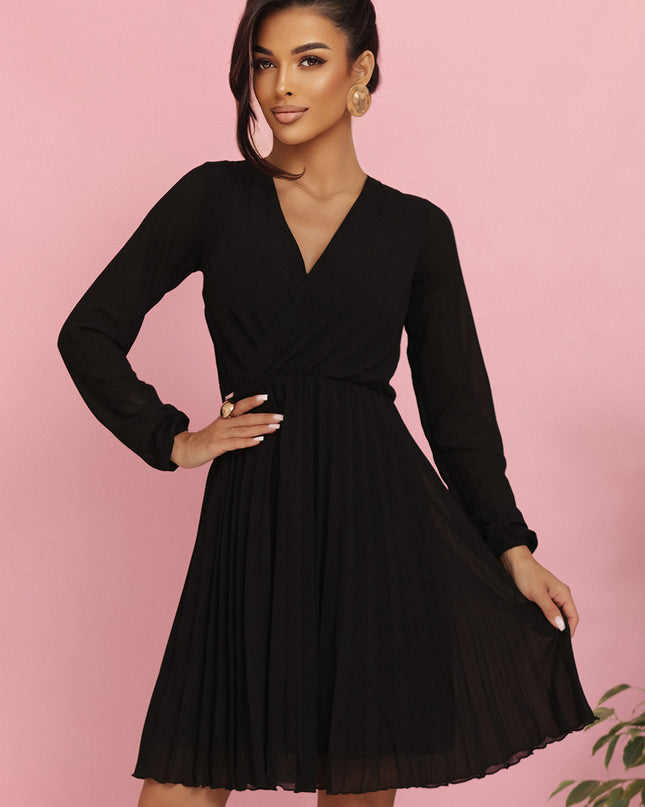 20590-9-ISABELLE Polnisches Plisseekleid mit langen Ärmeln und Ausschnitt - Schwarz-9