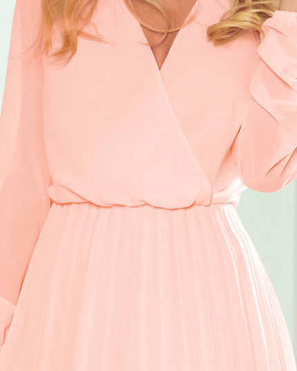 14324-7-313-2 ISABELLE Plisseekleid mit Ausschnitt und Langarm - Pfirsichfarbe-7