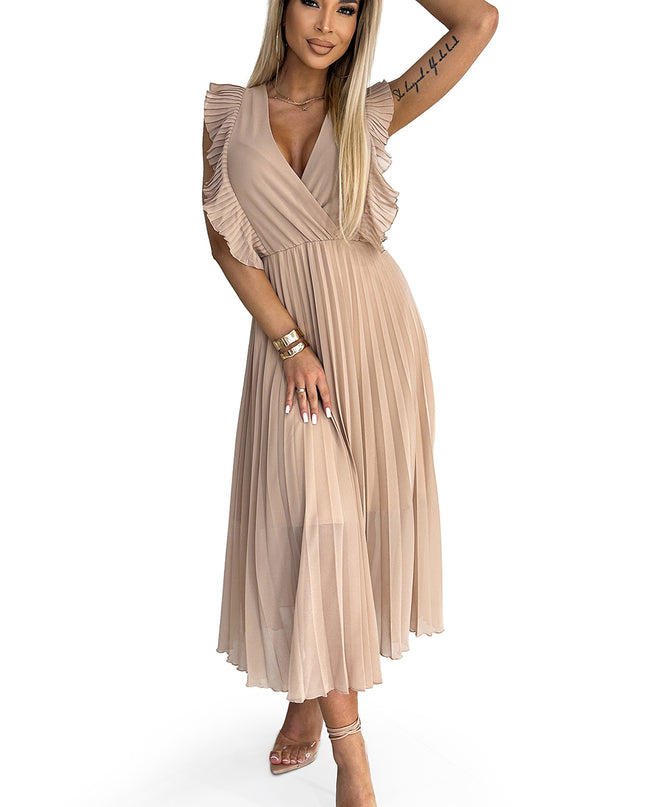 19250-9-315-6 EMILY Plissiertes Kleid mit Rüschen an Schultern und Ausschnitt – Beige-9