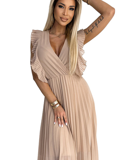 19250-10-315-6 EMILY Plissiertes Kleid mit Rüschen an Schultern und Ausschnitt – Beige-10