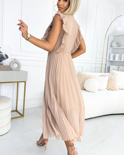 19250-4-315-6 EMILY Plissiertes Kleid mit Rüschen an Schultern und Ausschnitt – Beige-4