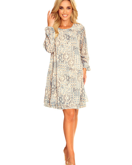 14666-8-319-2 HANNAH Chiffonkleid mit Ausschnitt hinten - beige und blaues Boho-Muster-8