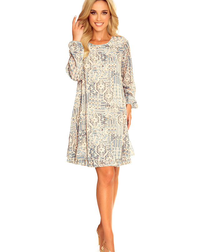 14666-8-319-2 HANNAH Chiffonkleid mit Ausschnitt hinten - beige und blaues Boho-Muster-8