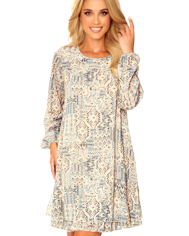 14666-9-319-2 HANNAH Chiffonkleid mit Ausschnitt hinten - beige und blaues Boho-Muster-9