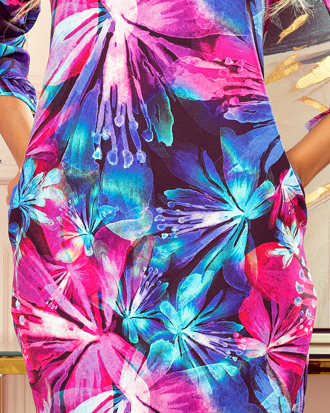 14801-5-323-1 Bequemes OVERSIZE - Kleid - blaue und rosa Blumen-5