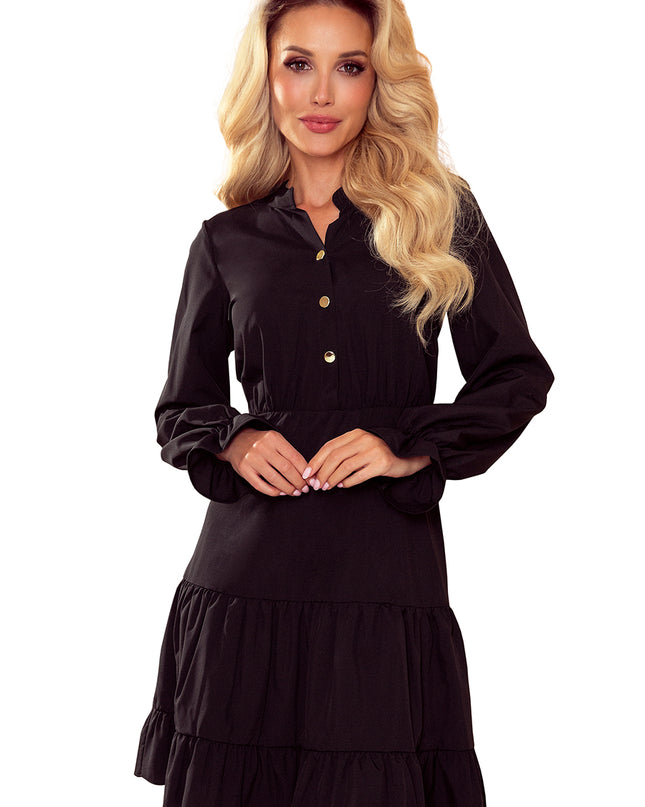 15725-7-332-3 Kleid mit Rüschen und goldenen Knöpfen - Schwarz-7