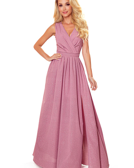 16023-6-362-1 JUSTINE Langes Kleid mit Ausschnitt und Krawatte - Puderrosa mit Glitzer-6