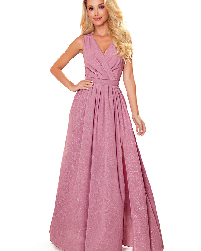 16023-6-362-1 JUSTINE Langes Kleid mit Ausschnitt und Krawatte - Puderrosa mit Glitzer-6