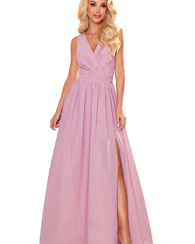 16048-6-362-3 JUSTINE Langes Kleid mit Ausschnitt und Krawatte - schmutziges rosa-6