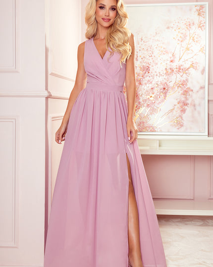 16048-1-362-3 JUSTINE Langes Kleid mit Ausschnitt und Krawatte - schmutziges rosa-1