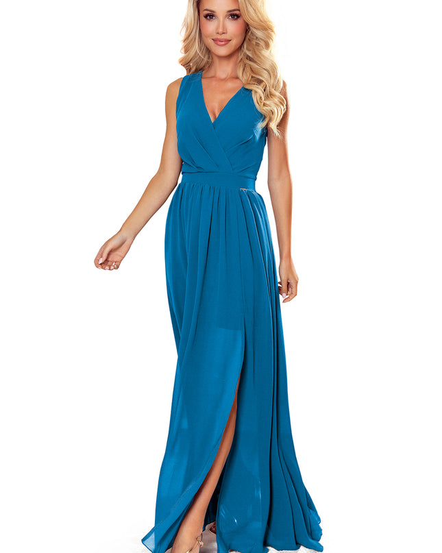 16228-6-362-4 JUSTINE Langes Kleid mit Ausschnitt und Krawatte - Blau-6