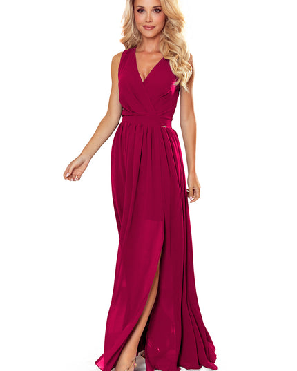 16253-6-362-5 JUSTINE Langes Kleid mit Ausschnitt und Krawatte - weinrote Farbe-6