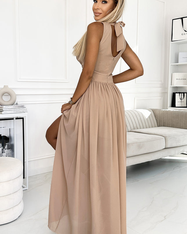 17502-2-362-6 JUSTINE Langes Kleid mit Ausschnitt und Krawatte - Beige-2