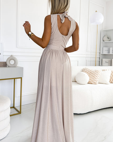 19288-3-362-8 JUSTINE Langes Kleid mit Ausschnitt und Bindeband hinten – Beige mit Glitzer-3