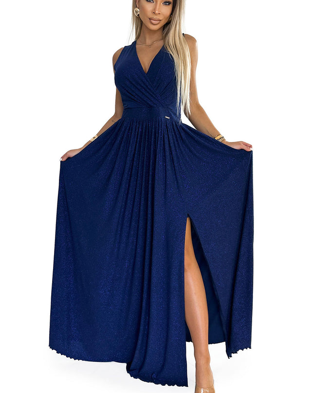 19368-7-362-9 JUSTINE Langes Kleid mit Ausschnitt und Bindeband hinten - Marineblau mit Glitzer-7